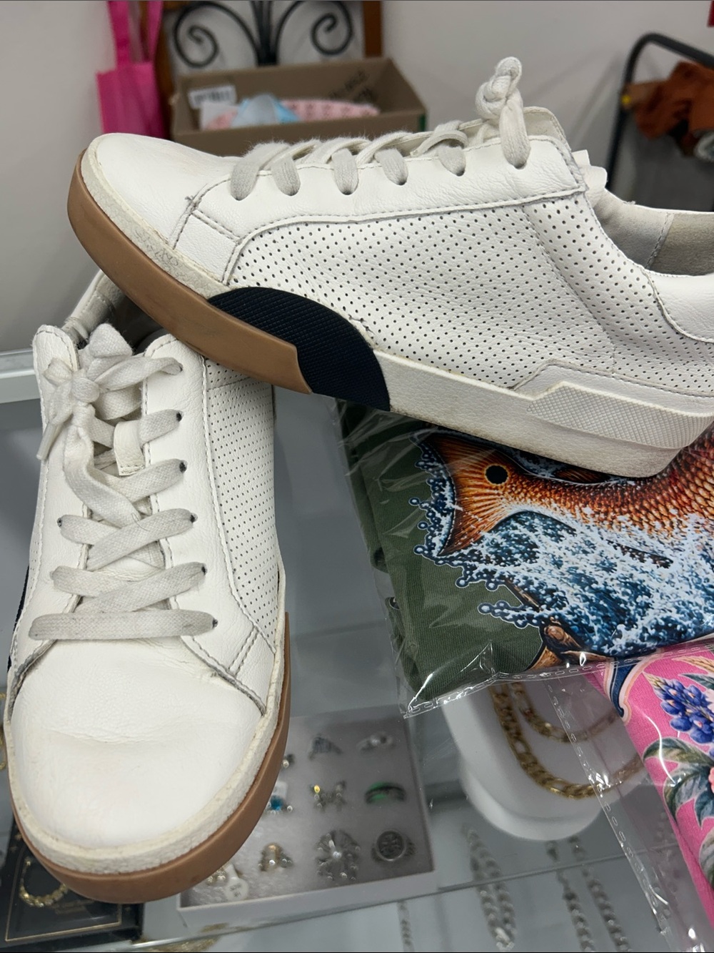 Womans White Perforated Sneaker with Gum Sole